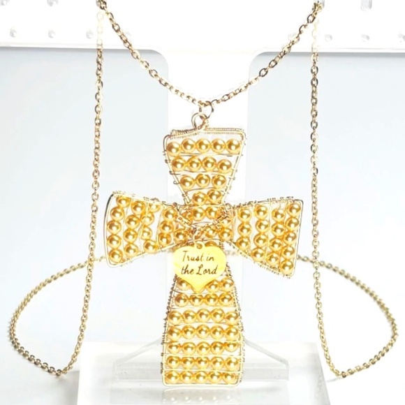 Handmade Swarovski Crystals Pearls Cross Long Necklace "Trust in the Lord" - Picture 1 of 3